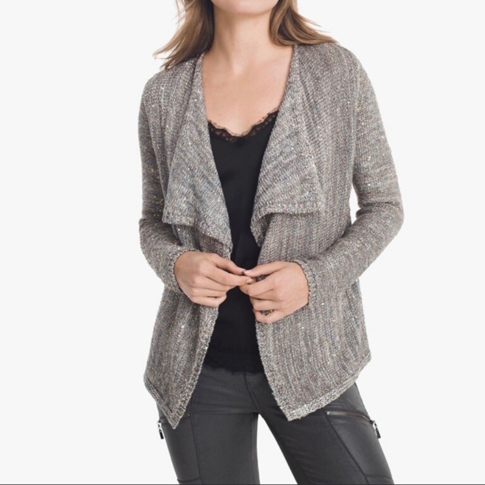 WHBM Metallic Silver Grey Gold Sequin Drape Front Cover Up Sweater